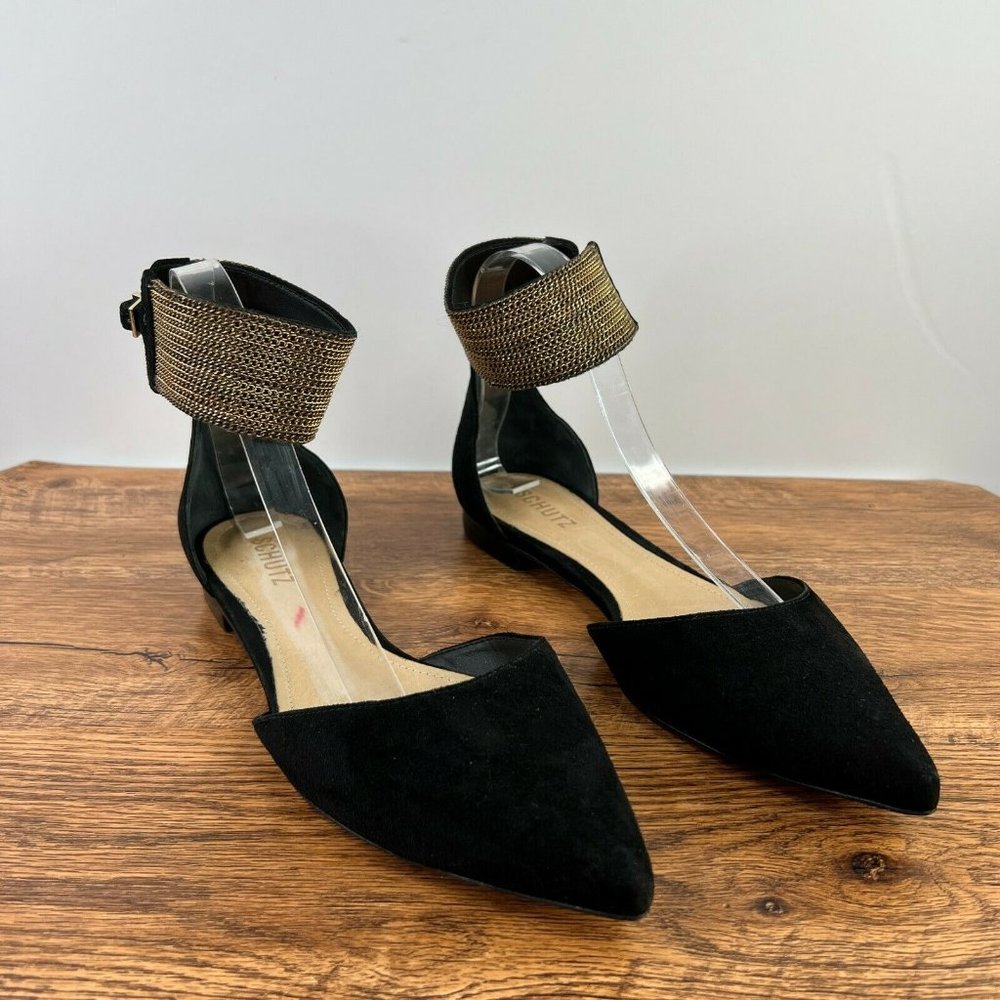 Schutz Women's 9.5B Alexaa Black Suede Pointed Toe Gold Ankle Cuff D'Orsay Flats - Picture 2 of 8